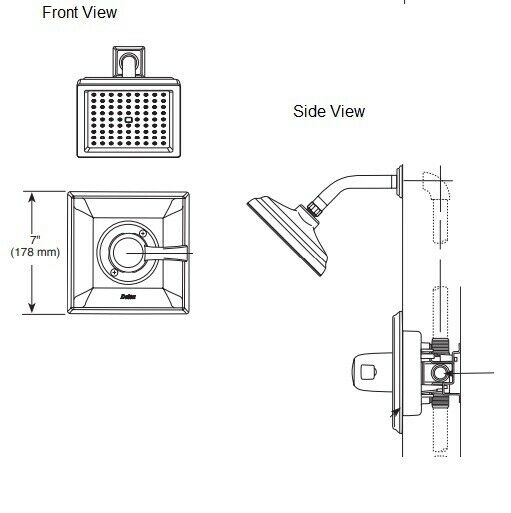 Delta Dryden Monitor 17 Series tub and shower trim with square showerhead, valve trim plate, and internal plumbing components