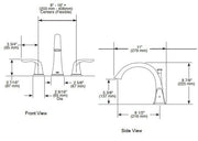 Technical line drawings showing front and side views of a three-handle roman tub faucet trim with dimensions and specificatio