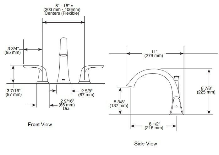 Technical line drawings showing front and side views of a three-handle roman tub faucet trim with dimensions and specificatio
