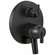 Black round Delta shower valve trim with dual handles and integrated diverter control.
