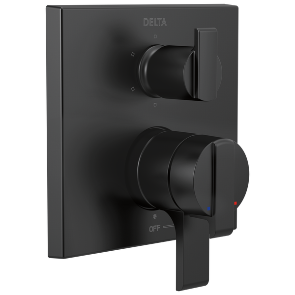Black Delta Ara angular monitor valve trim with upper diverter lever and lower control handle with temperature indicators.