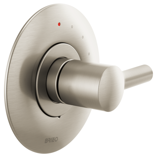 Brizo Odin brushed nickel pressure balance valve trim with cylindrical spout and red temperature indicator dot.