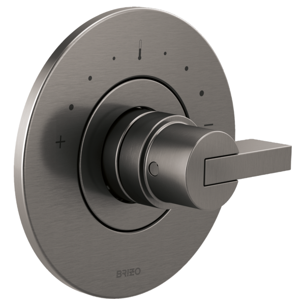 Brizo Litze thermostatic valve trim with brushed nickel round escutcheon plate and lever handle.