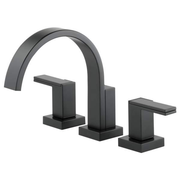 Black three-piece roman tub faucet with arched spout and two lever handles on square bases.