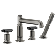 Luxe steel Roman tub faucet with curved spout, two black handles, and matching handheld shower wand on base.