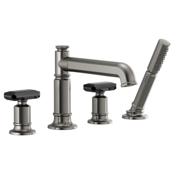 Luxe steel Roman tub faucet with curved spout, two black handles, and matching handheld shower wand on base.