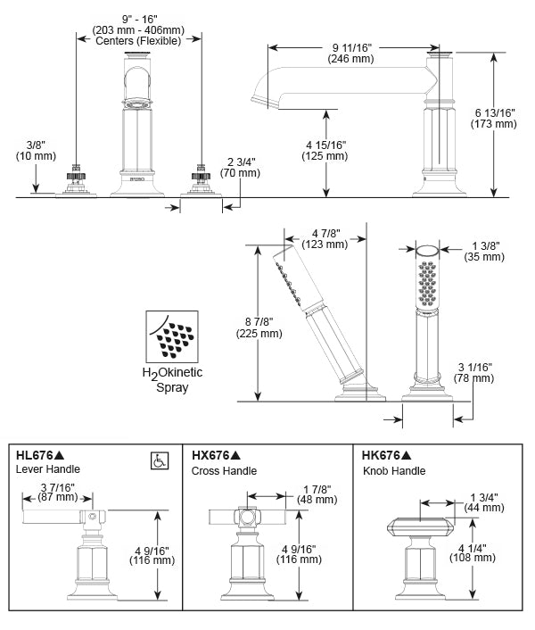 Luxe Steel roman tub faucet with handheld showerhead and H2Okinetic spray, showing installation dimensions and component opti