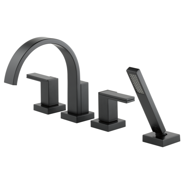 Matte black four-piece Roman tub faucet with curved spout, two lever handles, and detachable hand shower.