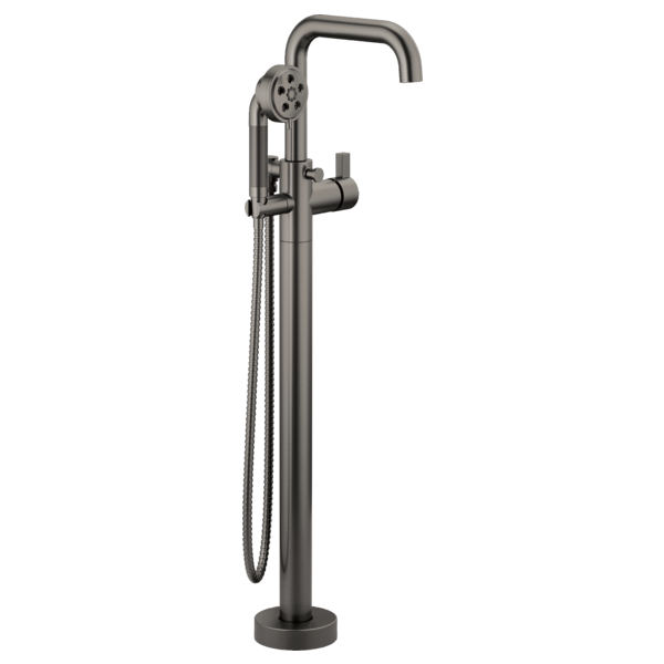 Brushed gunmetal freestanding tub filler with single handle, curved spout, and hand spray with hose.