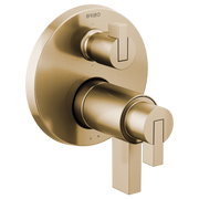 Luxe gold thermostatic valve trim with two lever handles and circular escutcheon plate.