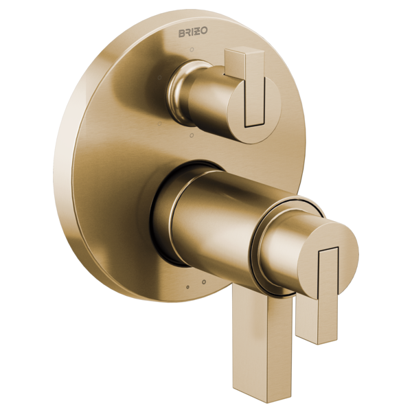 Luxe gold thermostatic valve trim with two lever handles and circular escutcheon plate.