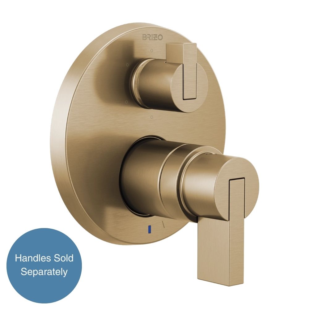 Luxe gold pressure balance valve trim with integrated diverter and rectangular lever ports, handles sold separately.