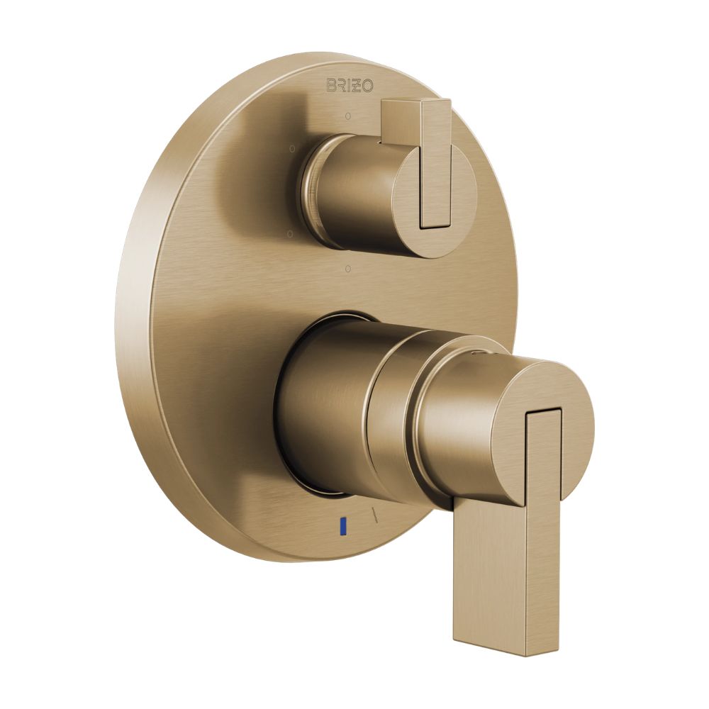 Brizo Litze pressure balance valve trim in brushed gold with two cylindrical knobs and integrated diverter lever.