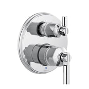 Chrome pressure balance valve trim with circular escutcheon and two lever controls, one upper and one lower.