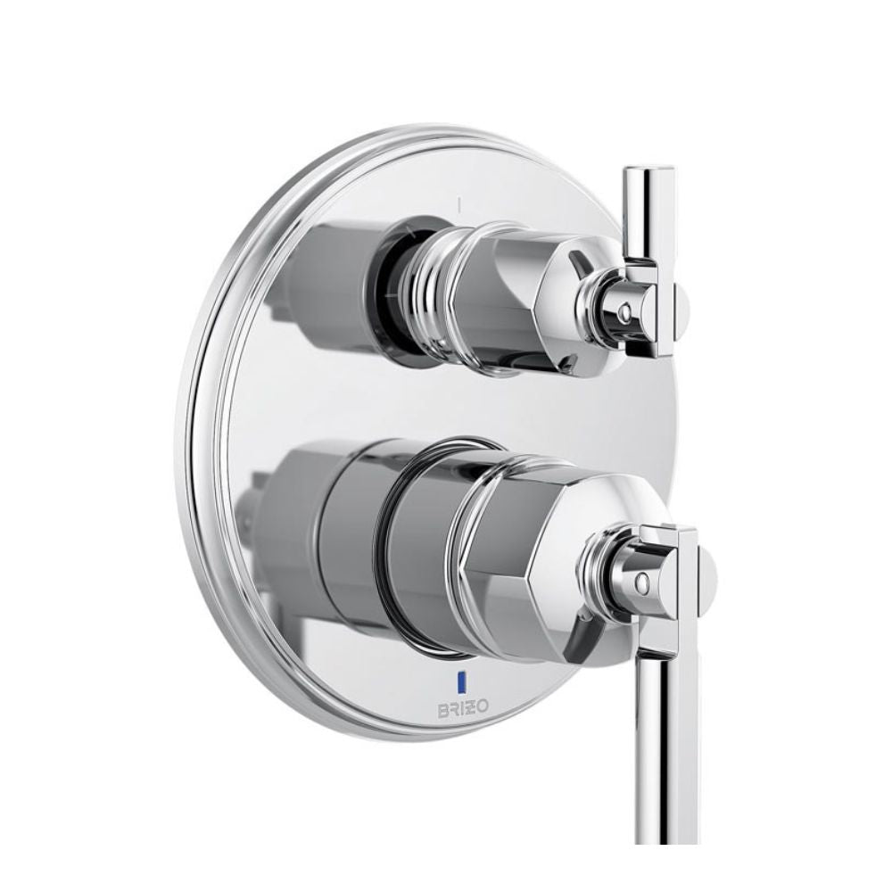 Chrome pressure balance valve trim with circular escutcheon and two lever controls, one upper and one lower.