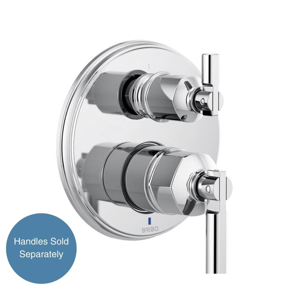 Chrome pressure balance valve trim with integrated diverter and two control knobs on circular escutcheon plate.