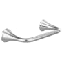 Brushed nickel curved tissue holder with two open ends mounted on wall.