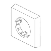 Rectangular decorative cover plate with circular opening and internal mounting tabs visible in isometric line drawing.