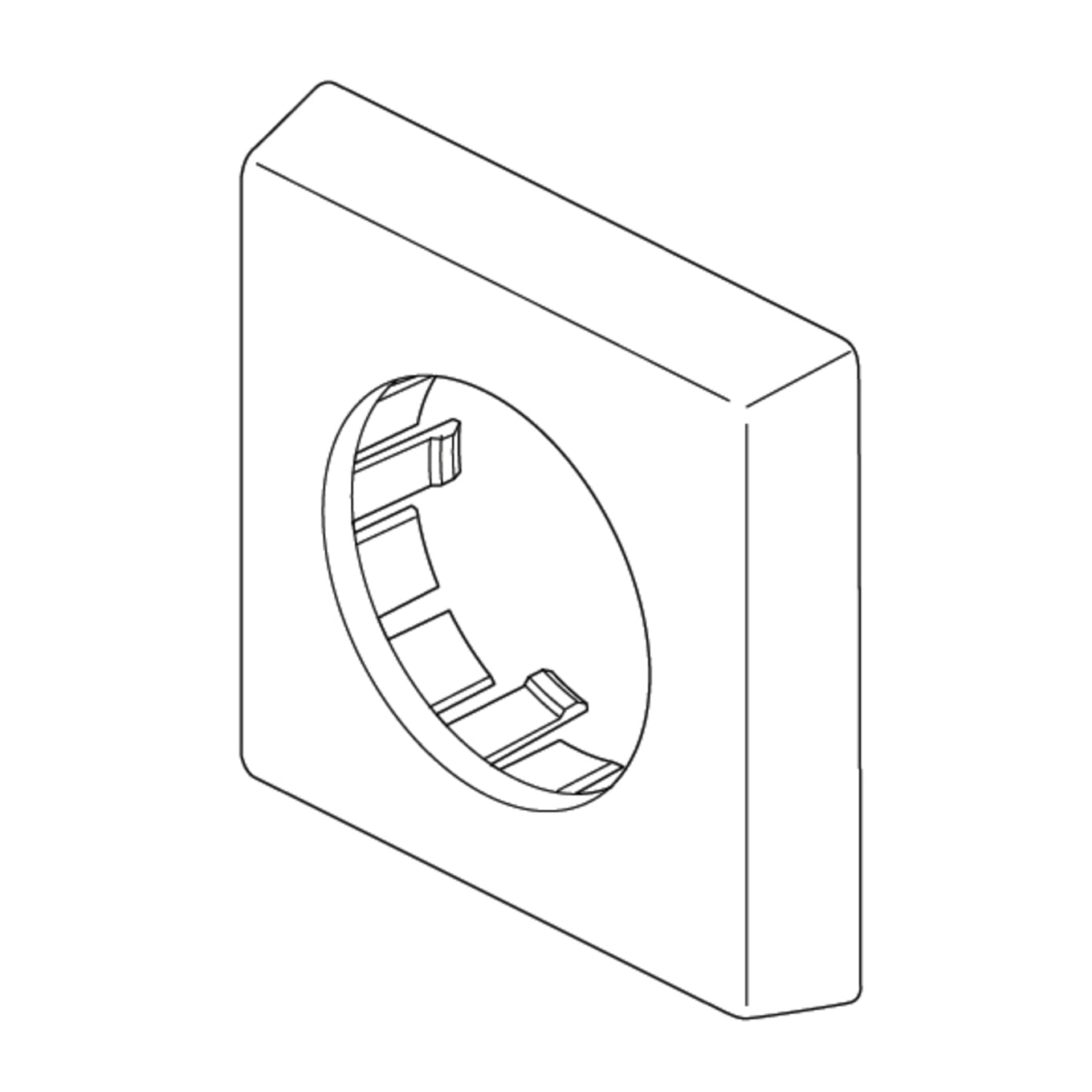 Rectangular decorative cover plate with circular opening and internal mounting tabs visible in isometric line drawing.
