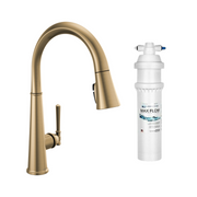 Champagne bronze pull-down kitchen faucet with single handle and white water filtration system cartridge.