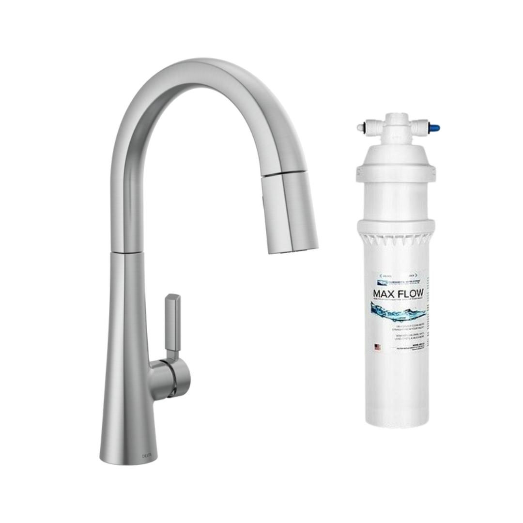 Stainless steel pull-down kitchen faucet with curved spout and white water filtration system with connectors.