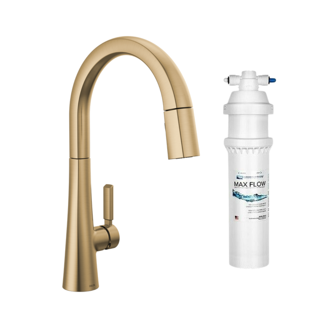 Champagne bronze pull-down kitchen faucet with single handle and white water filtration system with blue connector.