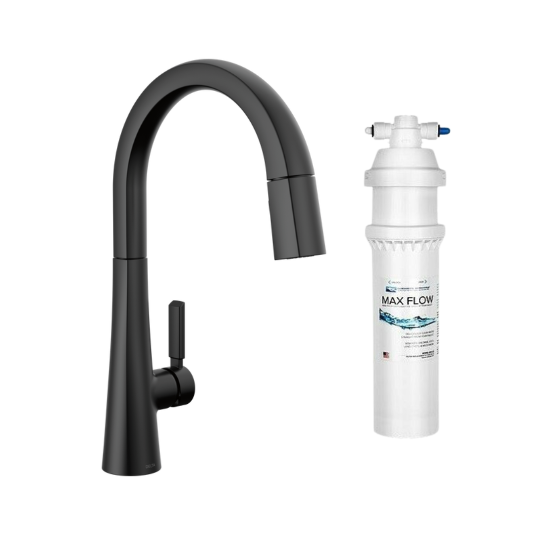 Matte black pull-down kitchen faucet with single handle and white water filtration system cartridge.