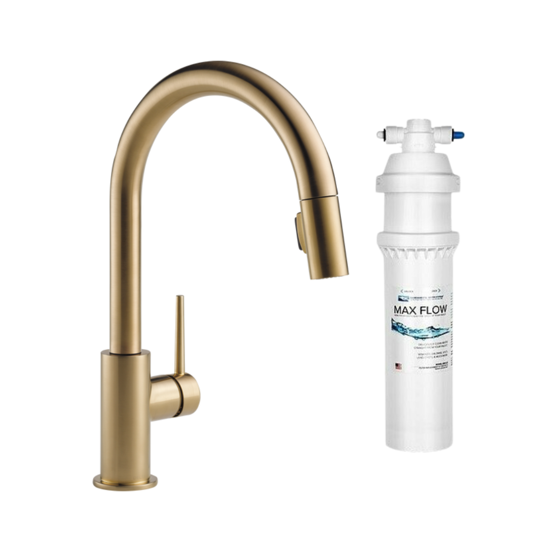 Champagne bronze pull-down kitchen faucet with single handle and white water filtration system with Max Flow label.