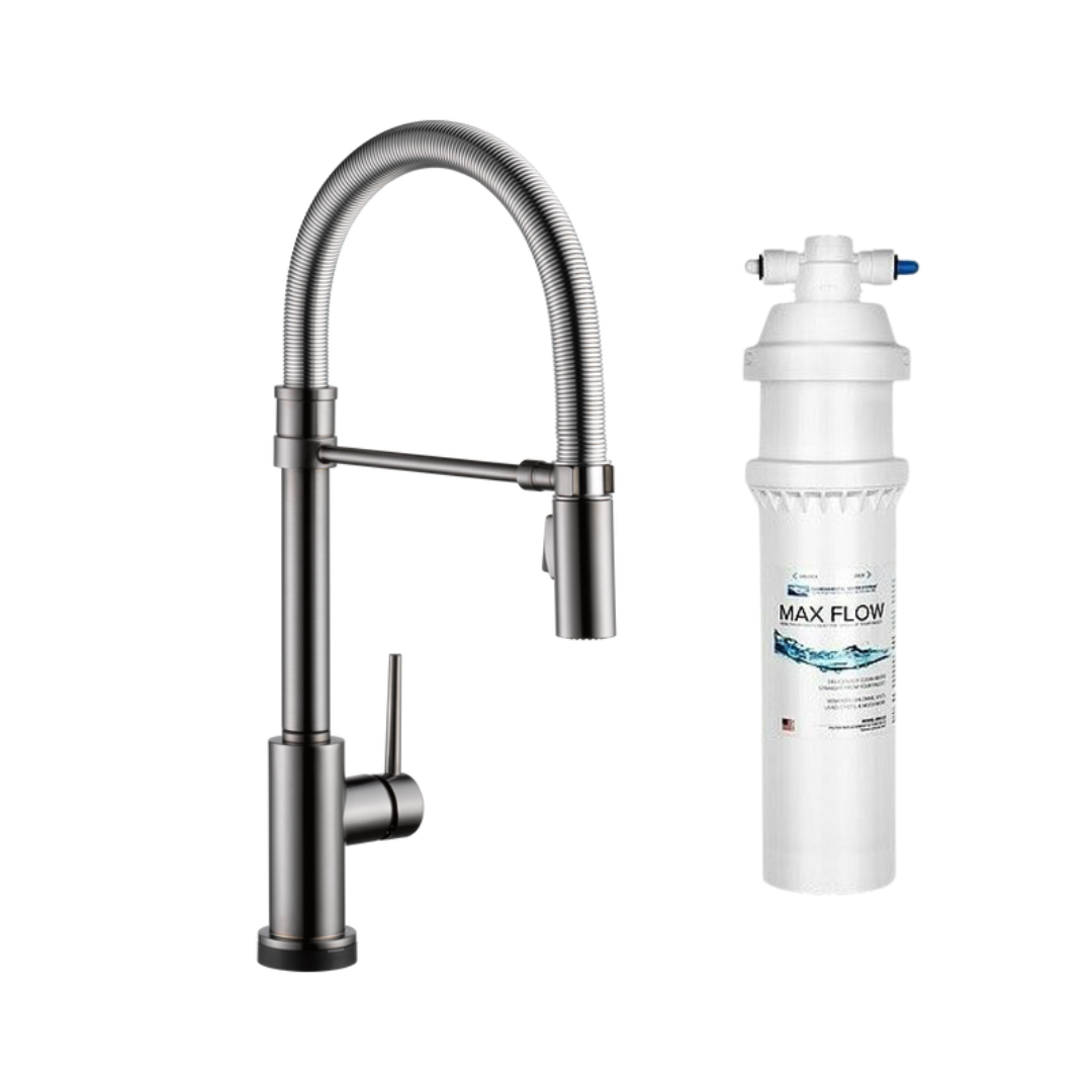 Black kitchen faucet with flexible hose and white water filter system with Max Flow label.