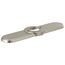 Stainless steel escutcheon plate for kitchen faucet with mounting hardware attached.