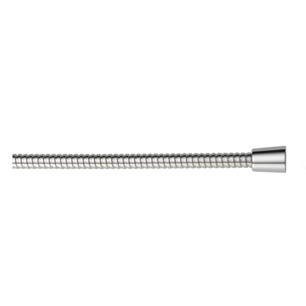 Chrome shower hose with flexible braided tube and cylindrical connector end.