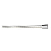 Chrome shower hose with flexible braided tube and cylindrical connector end.