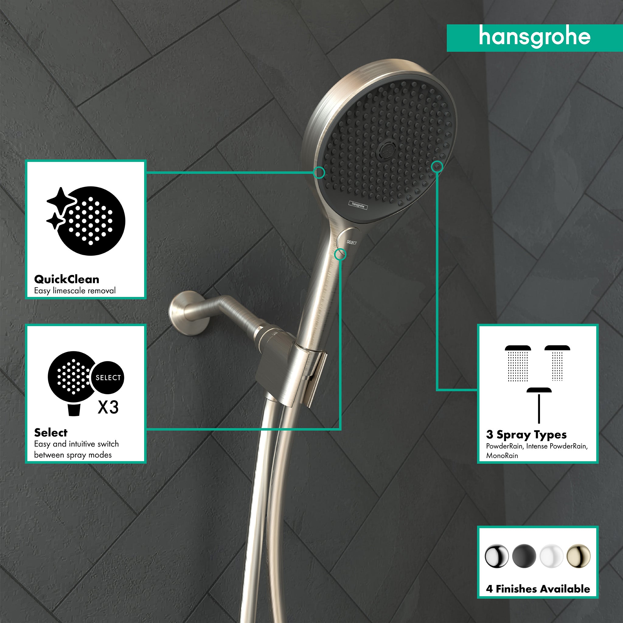 Brushed nickel handheld showerhead with circular perforated faceplate and curved handle against tiled wall background.