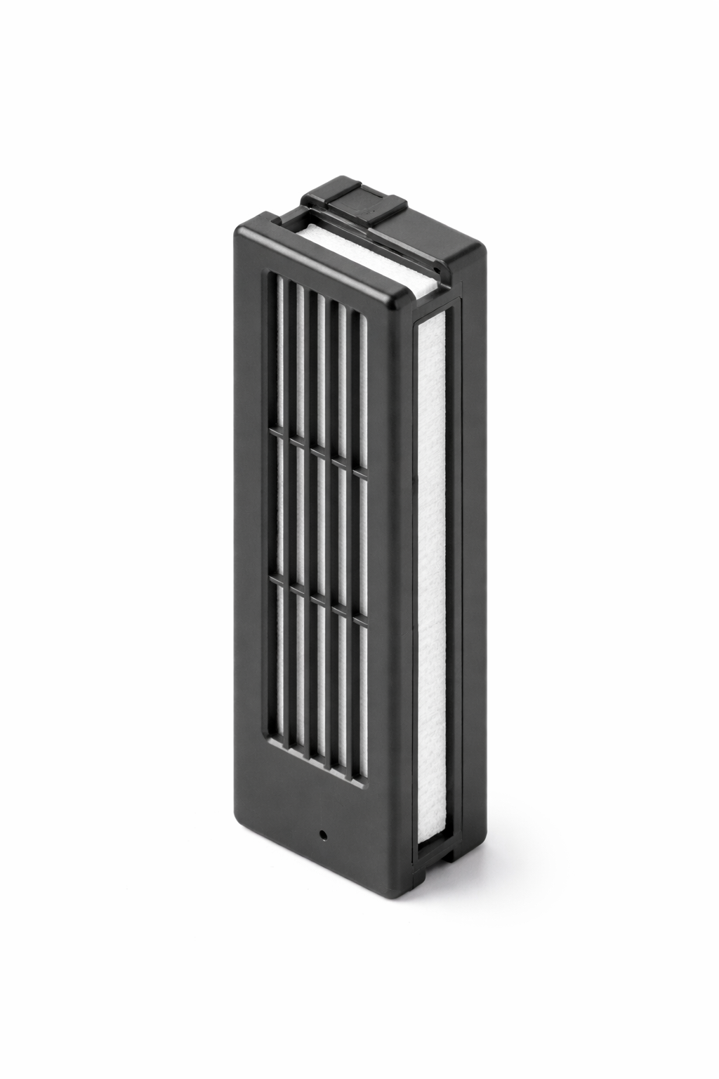 Black rectangular cartridge with vertical slats and white filter insert visible through center opening.