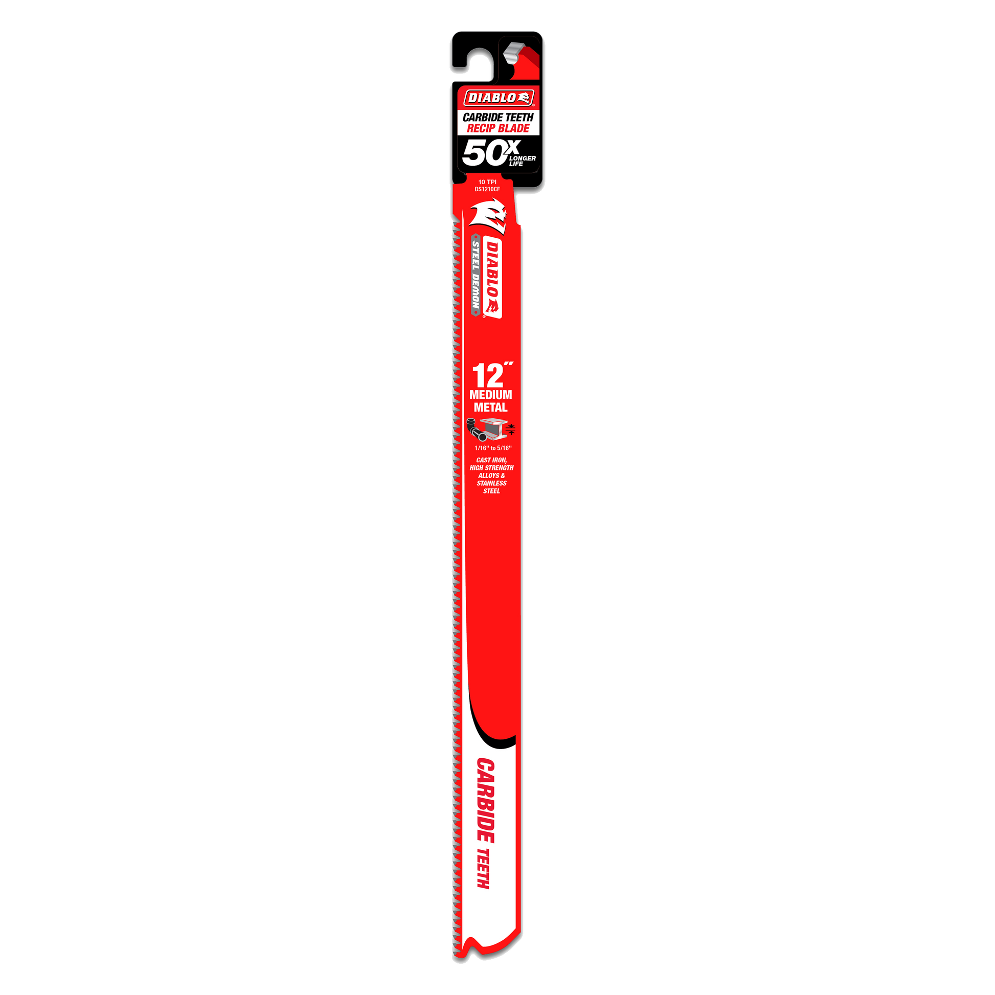 Diablo 12-inch steel demon carbide reciprocating saw blade with red packaging and black header label on white background.