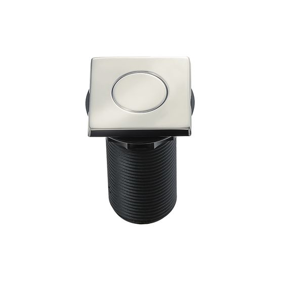 Square polished nickel air switch push button with oval depression and black threaded mounting collar.