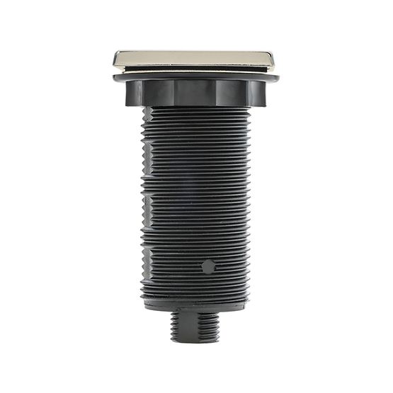 Square polished nickel air switch push button with black threaded mounting body for kitchen sink disposal systems.