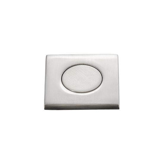 Square satin nickel air switch push button with oval depression in center.
