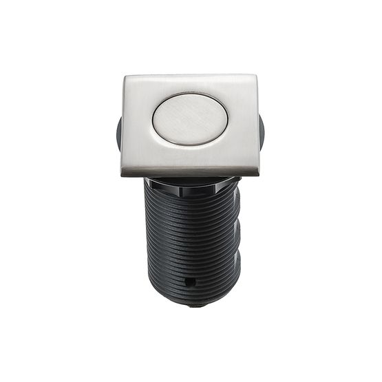Square satin nickel air switch push button with oval depression and black threaded mounting tube.
