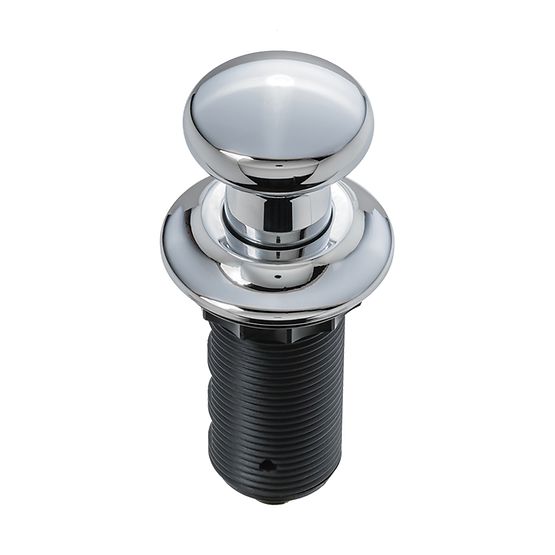 Chrome air switch push button with rounded dome top and black threaded base for sink installation.