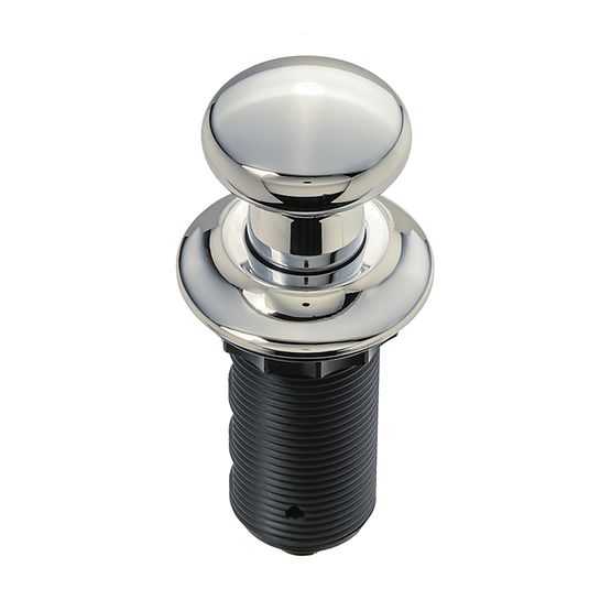 Polished nickel air switch button with domed top and ridged black base for garbage disposal control.