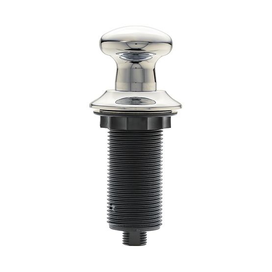 Polished nickel air switch button with rounded dome top and threaded black barrel base for sink installation.
