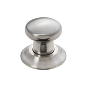Satin nickel decorative air switch push button with domed top and circular base.
