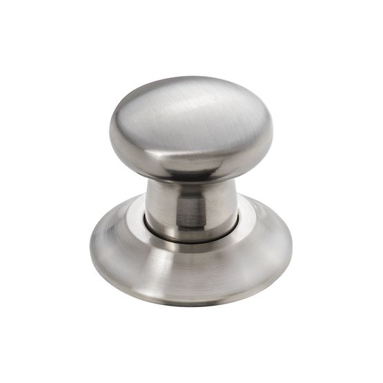 Satin nickel decorative air switch push button with domed top and circular base.