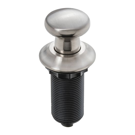 Satin nickel push button air switch with domed top and threaded black plastic base for countertop mounting.