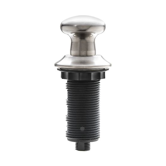 Satin nickel push button air switch with mushroom-shaped top and ribbed black threaded stem for sink installation.