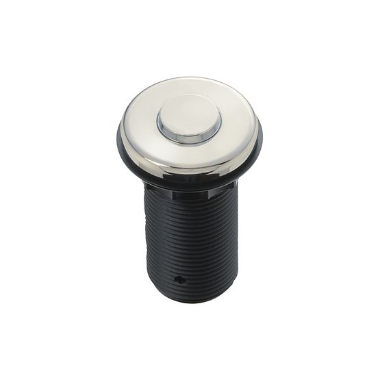 Polished nickel circular push button air switch with domed top and black threaded cylindrical base.
