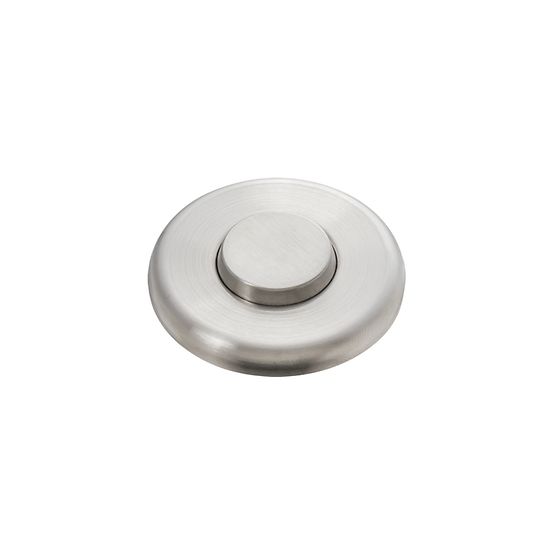 Satin nickel circular air switch push button with domed center and flat surround.