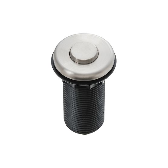 Satin nickel decorative air switch push button with round top and threaded black mounting base.