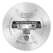16" circular saw blade with 114 teeth for cutting non-ferrous metals like aluminum, copper, and brass.